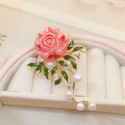 Elegant Pink Peony Flower Leaf Pearl Brooch